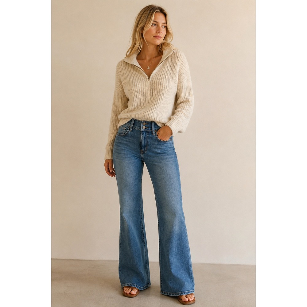 KanCan HighRise wide Flare Bootcut Jeans Medium Wash Double Button Stretch Denim